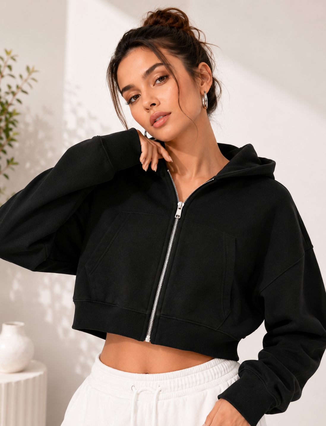 Women Crop Black Zipper Hooded Sweatshirt