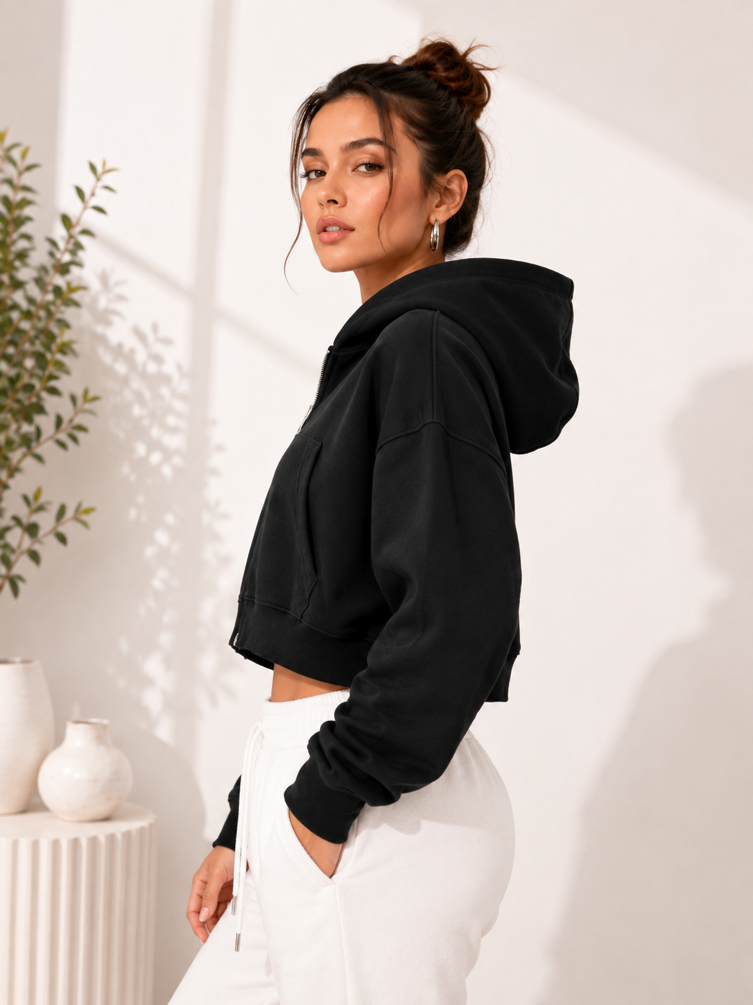 Women Crop Black Zipper Hooded Sweatshirt