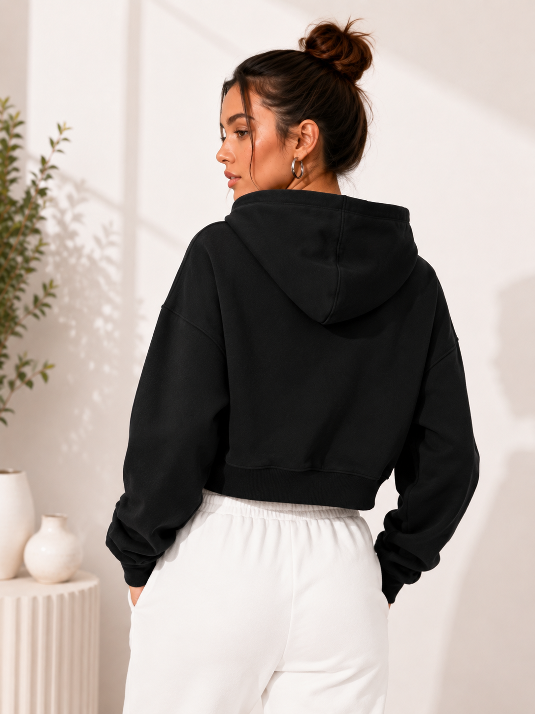 Women Crop Black Zipper Hooded Sweatshirt