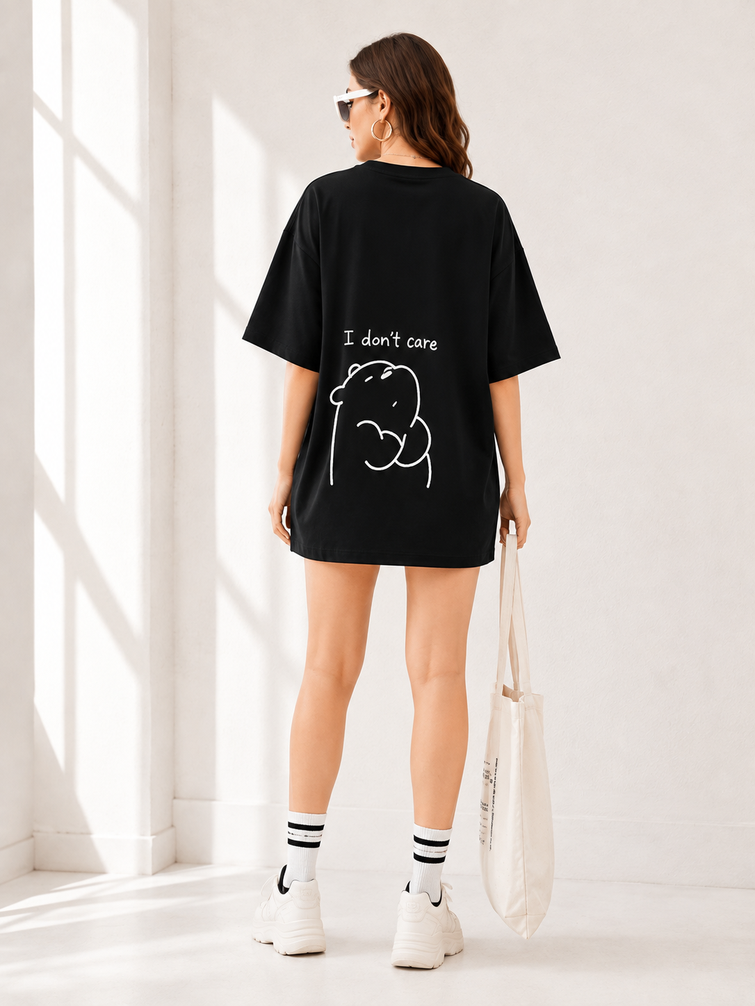 Women Black Back Printed Oversized Cotton T-Shirt