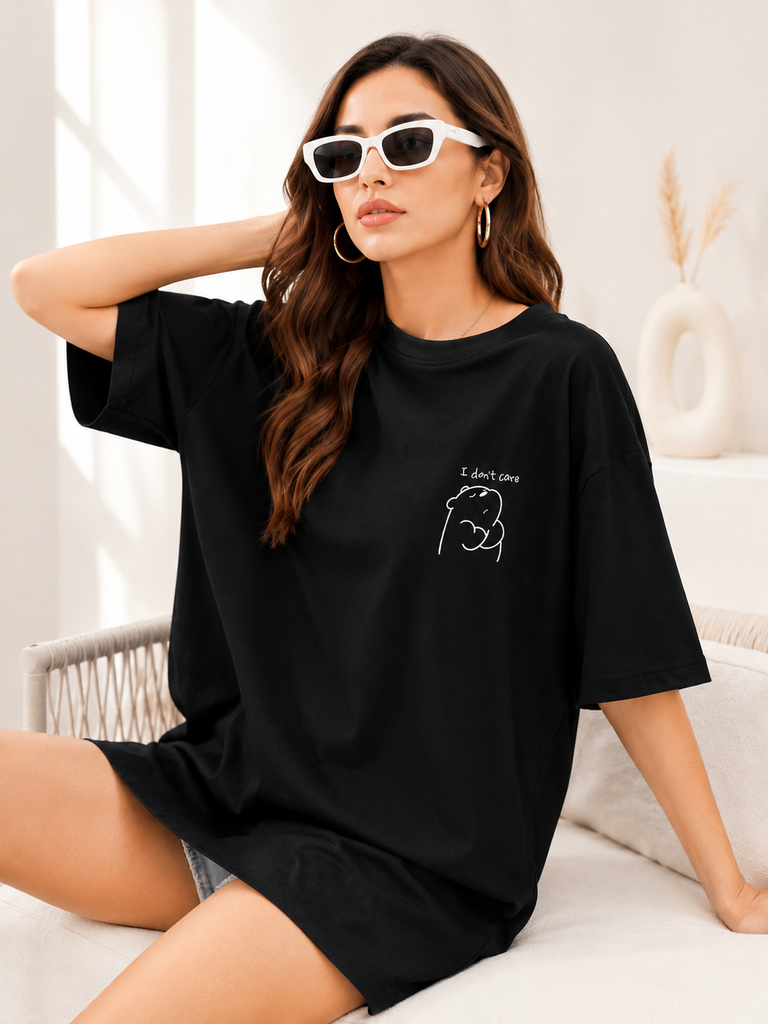 Women Black Back Printed Oversized Cotton T-Shirt
