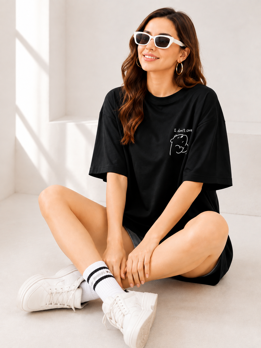 Women Black Back Printed Oversized Cotton T-Shirt