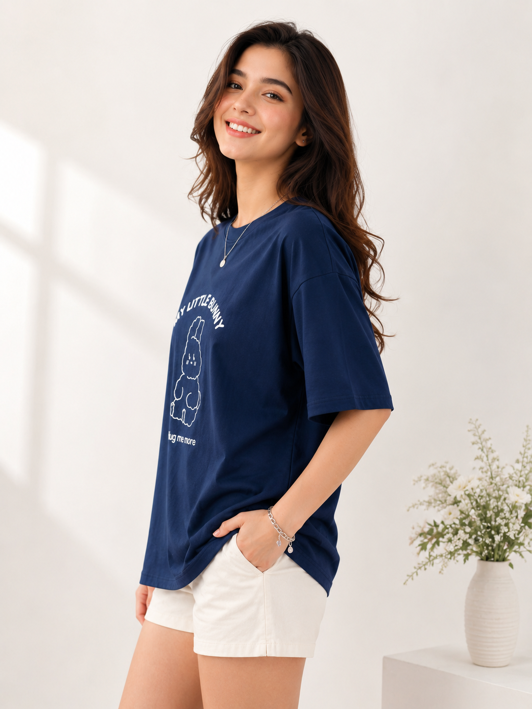 Women Navy Blue Relaxed fit Printed Cotton T-Shirt