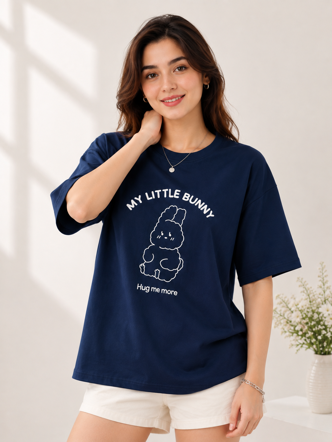 Women Navy Blue Relaxed fit Printed Cotton T-Shirt