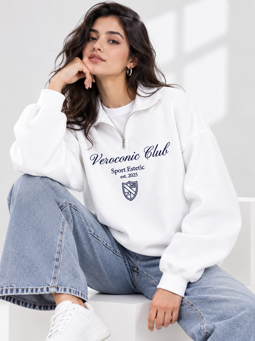 Women Collared Neck Zipper Printed Sweatshirt