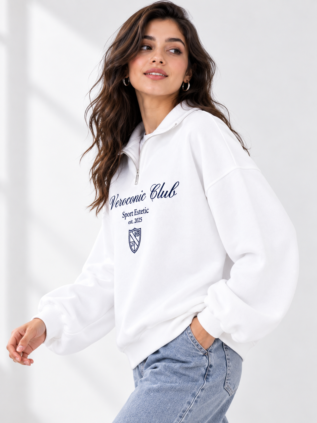 Women Collared Neck Zipper Printed Sweatshirt