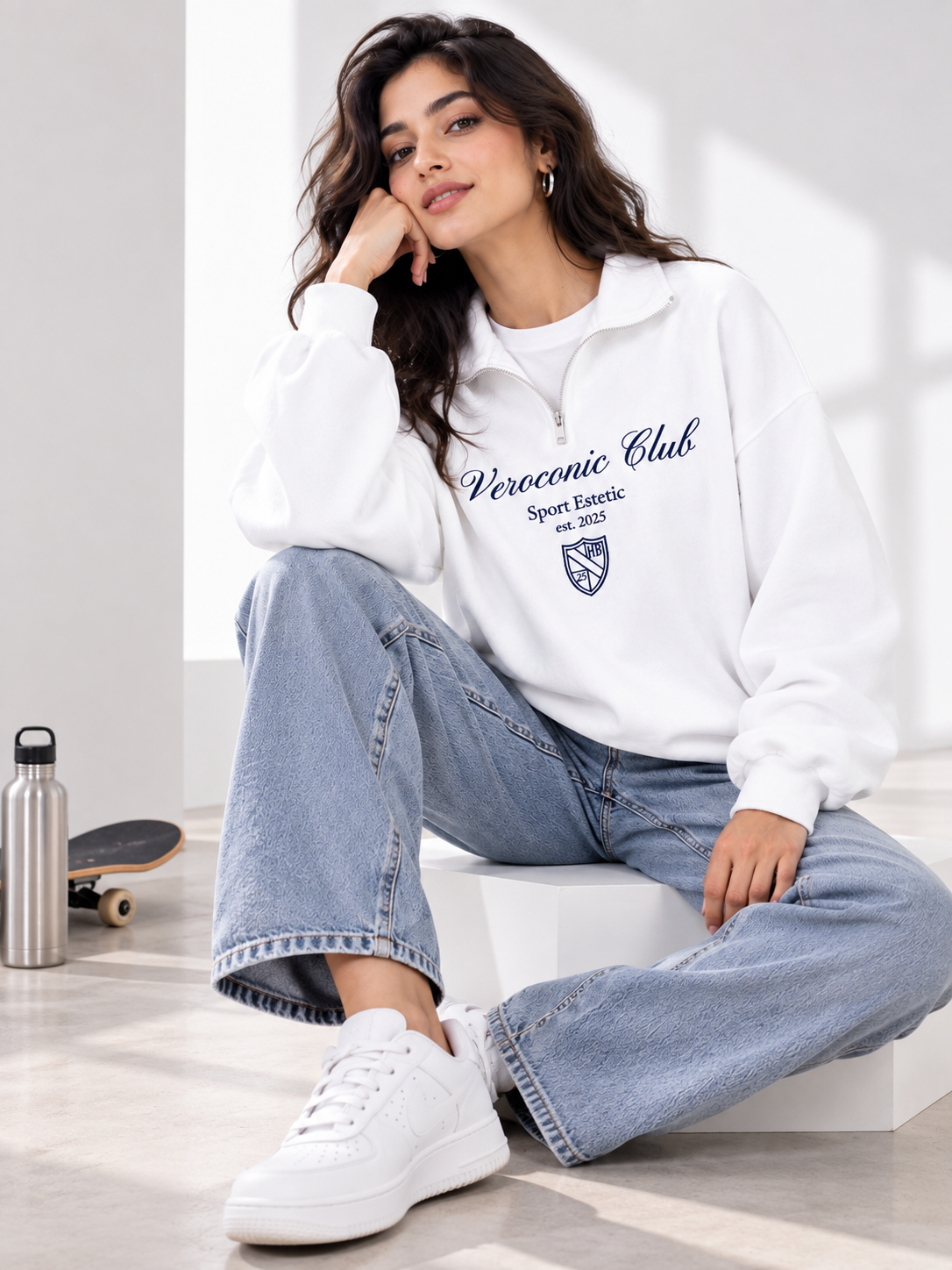 Women Collared Neck Zipper Printed Sweatshirt