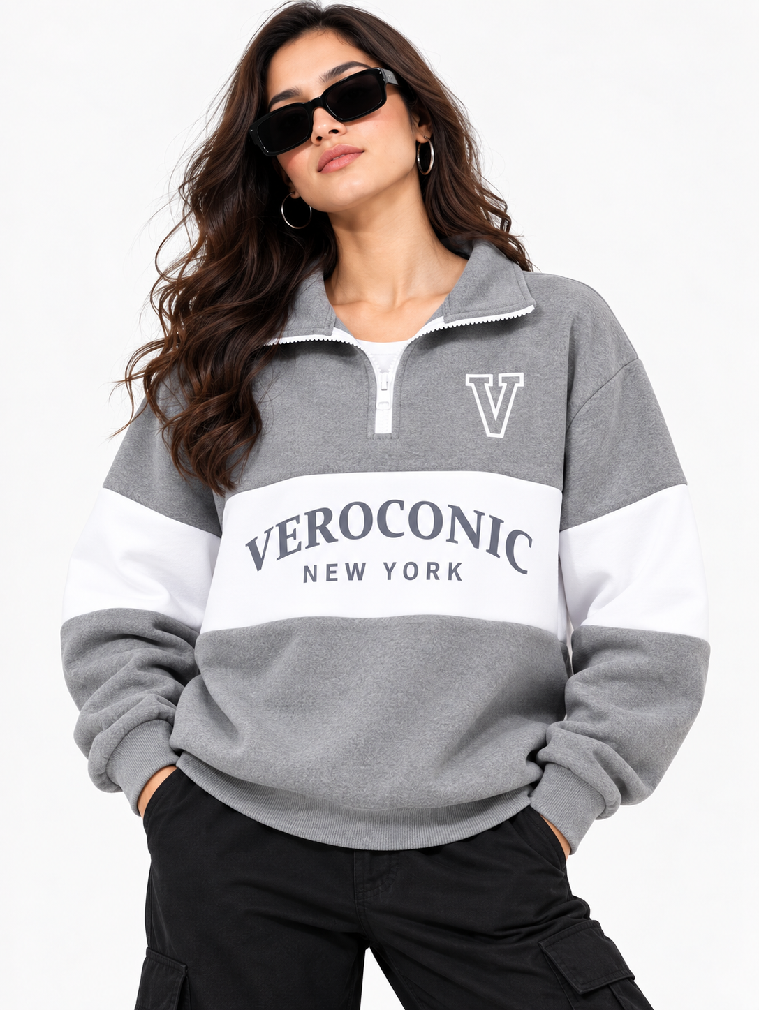 Women Collared Neck Zipper Printed Sweatshirt