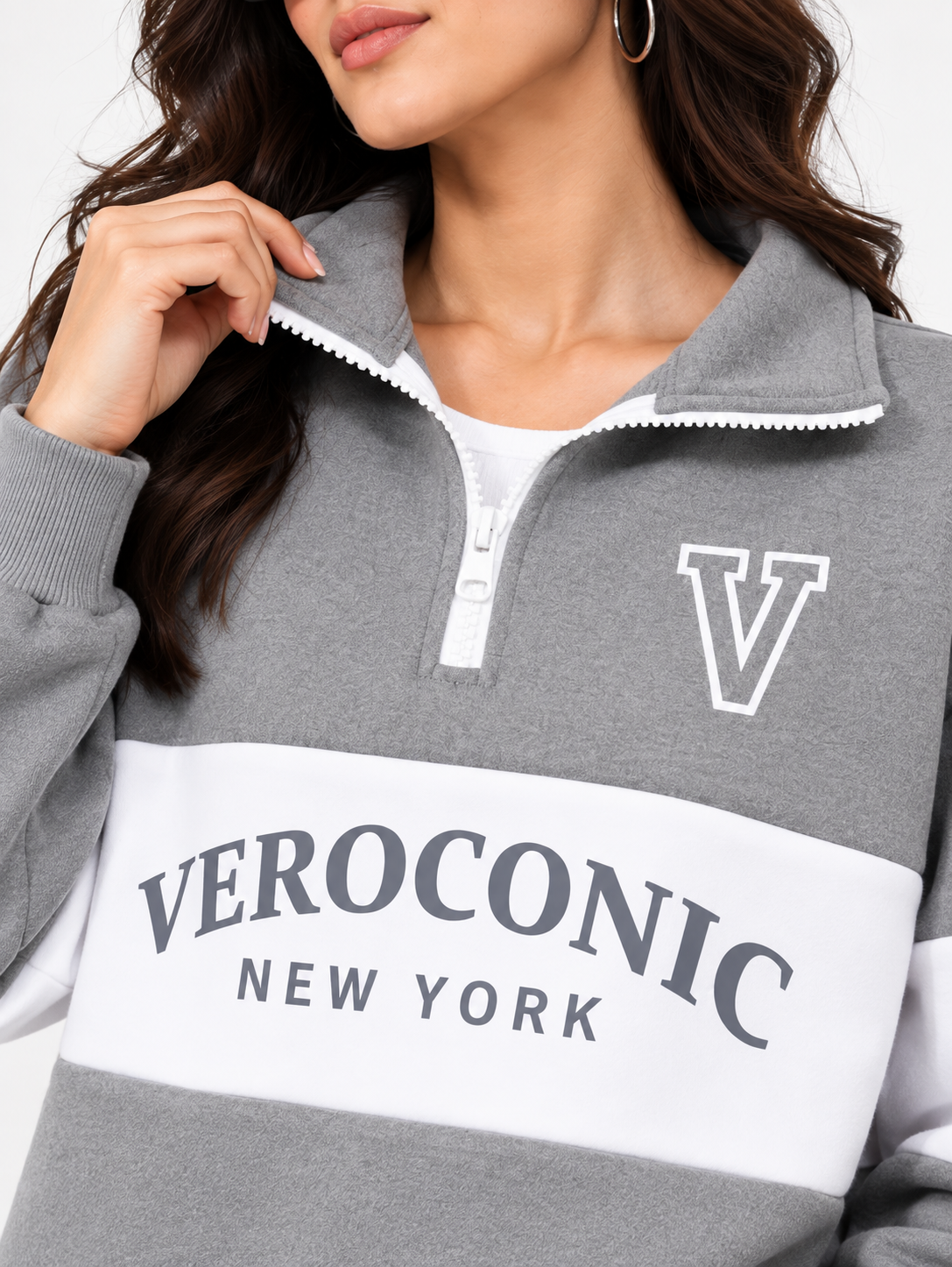 Women Collared Neck Zipper Printed Sweatshirt