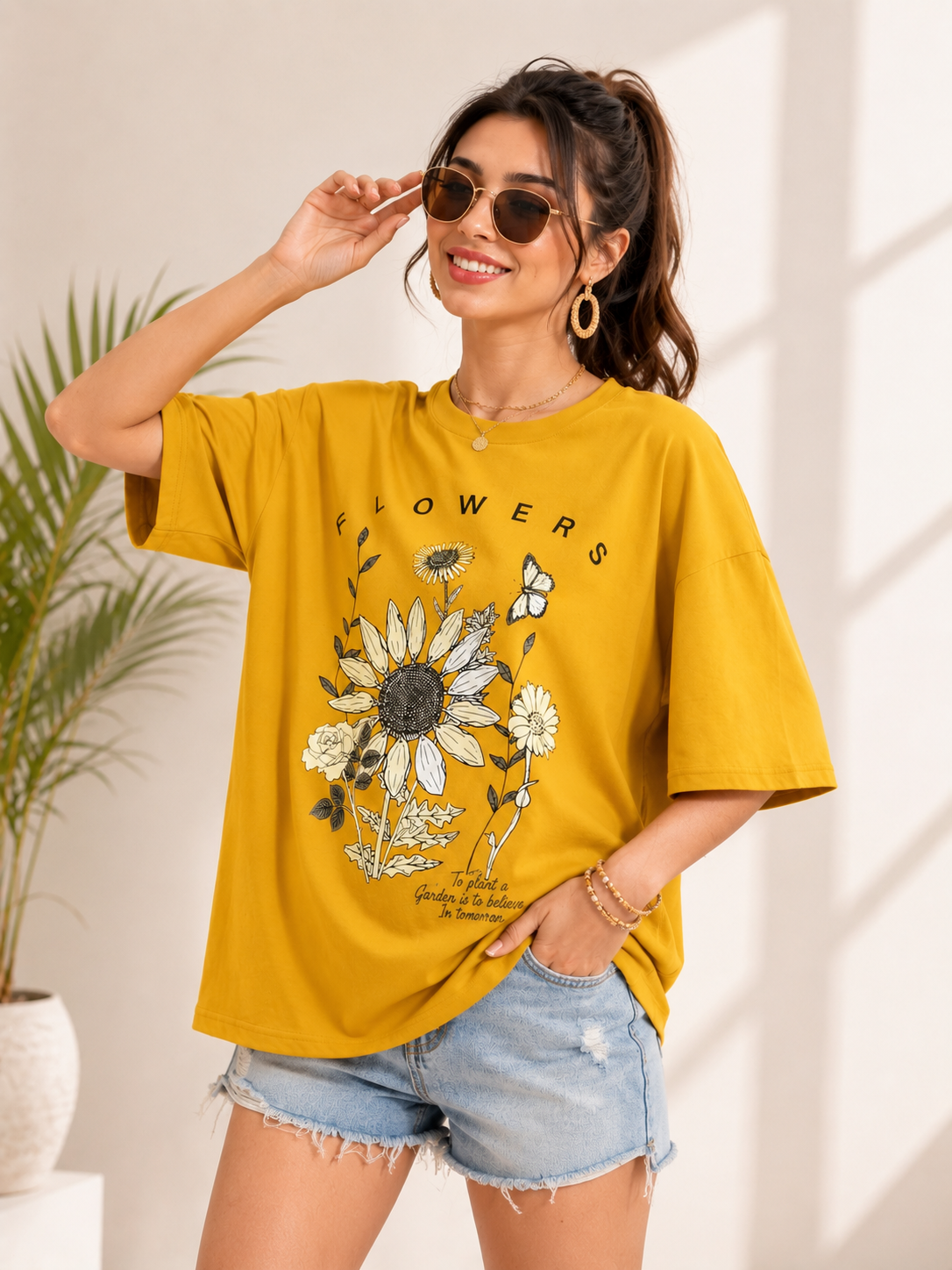 Women Mustard Printed Relaxed fit Cotton T-Shirt
