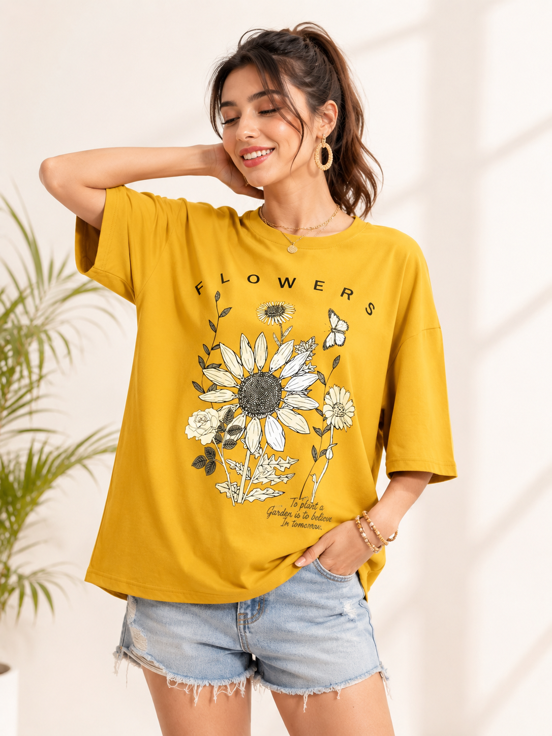 Women Mustard Printed Relaxed fit Cotton T-Shirt