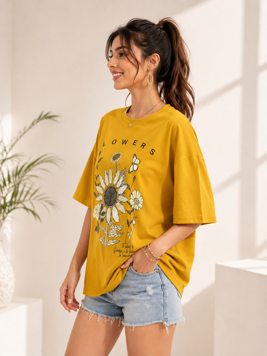 Women Mustard Printed Relaxed fit Cotton T-Shirt