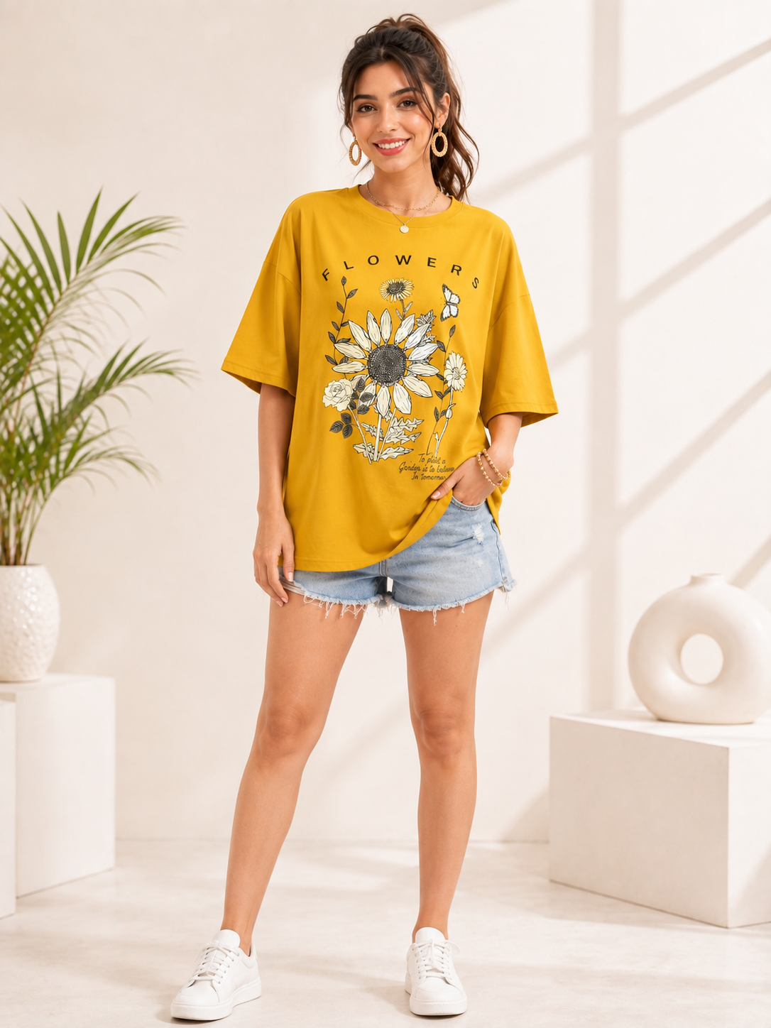 Women Mustard Printed Relaxed fit Cotton T-Shirt