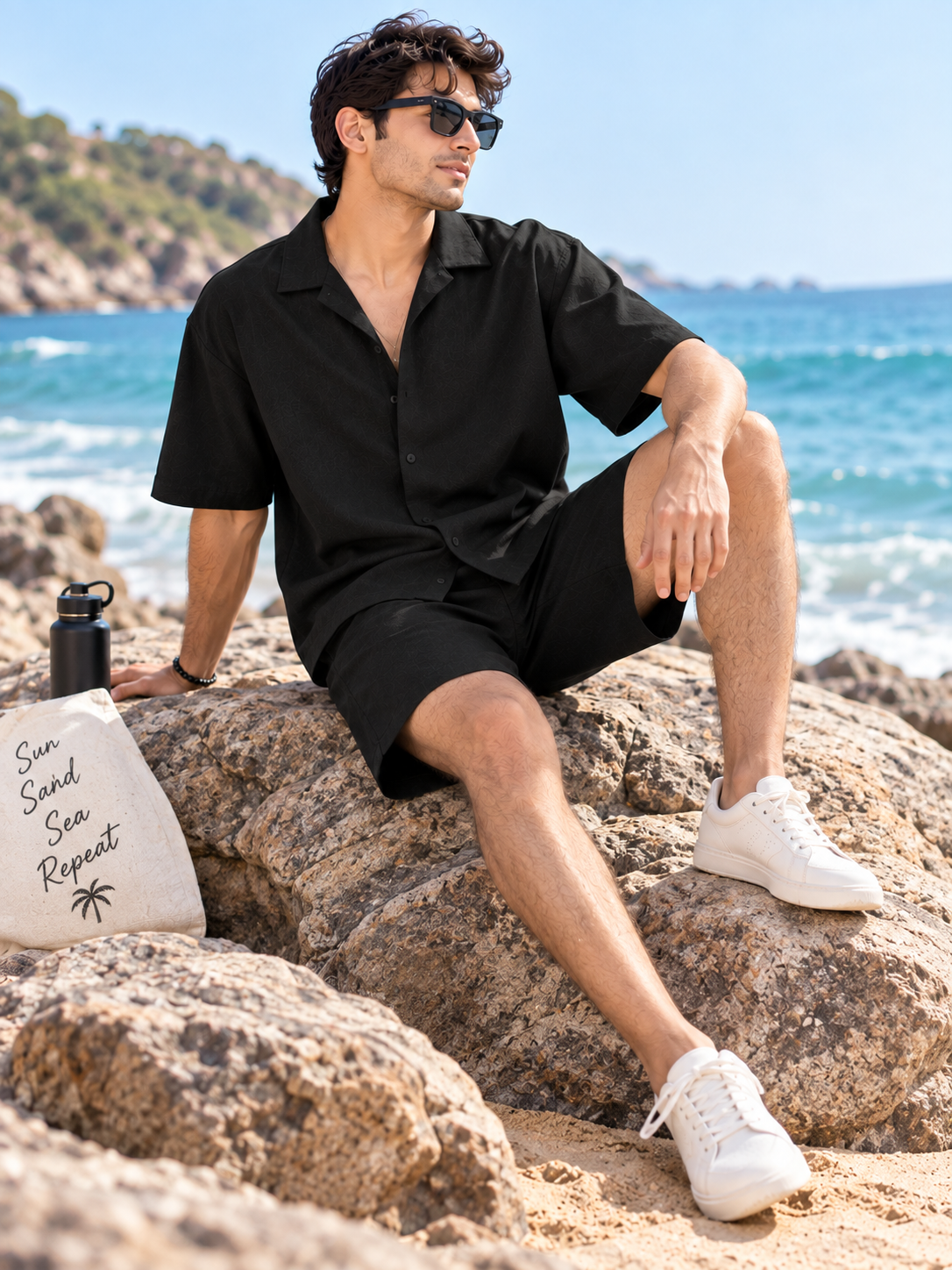 Men Black Cotton Casual Co-Ord Set