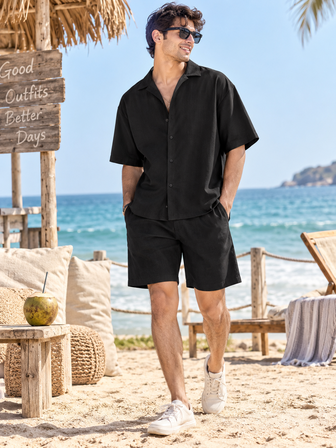 Men Black Cotton Casual Co-Ord Set