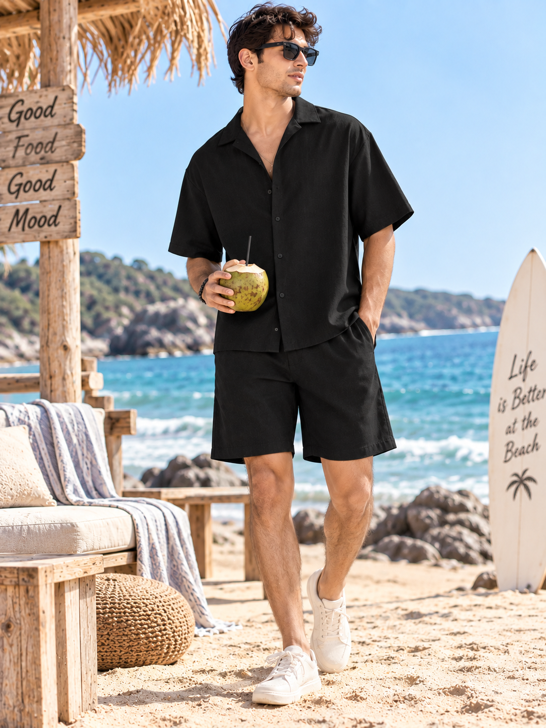 Men Black Cotton Casual Co-Ord Set