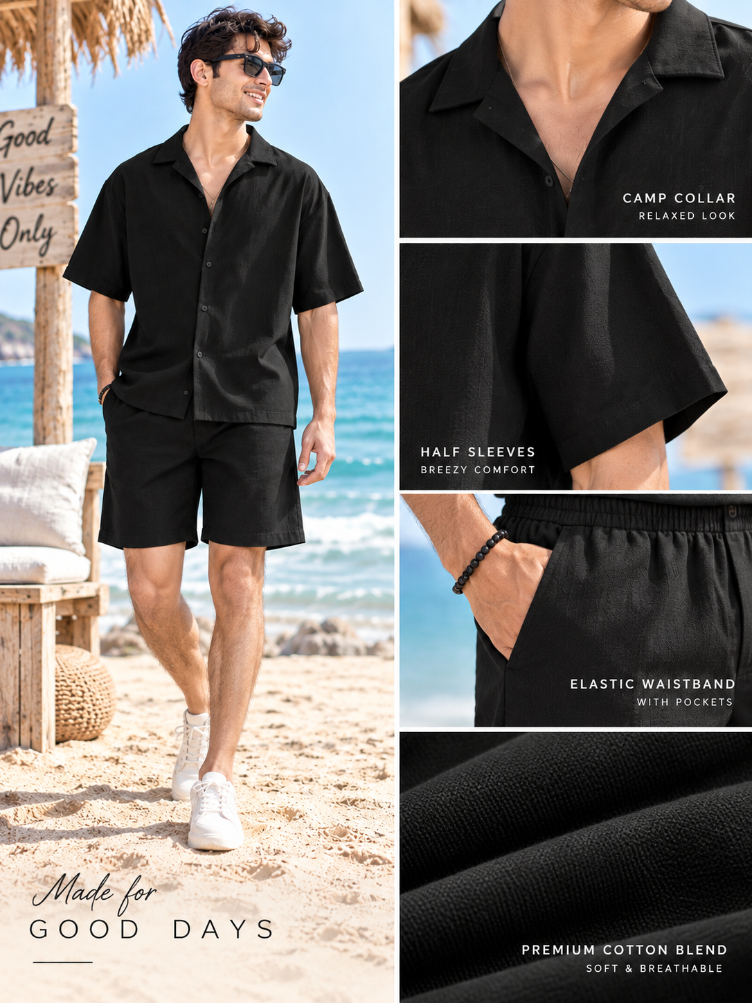 Men Black Cotton Casual Co-Ord Set