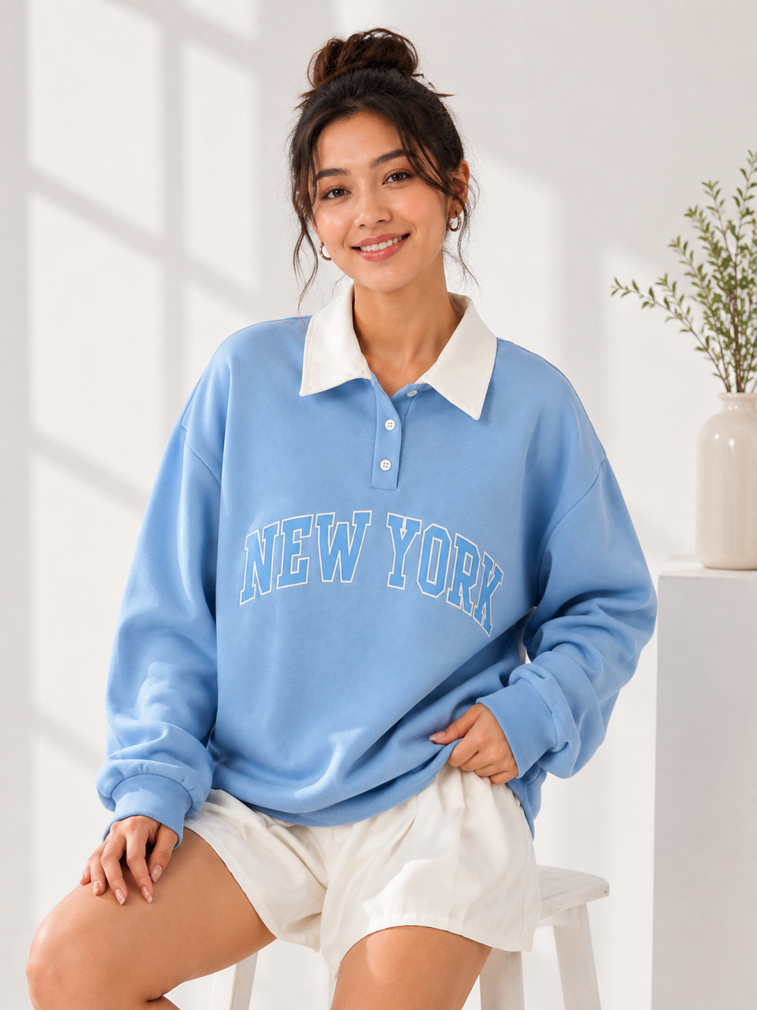 Women Collar Button Closure Printed Sweatshirt