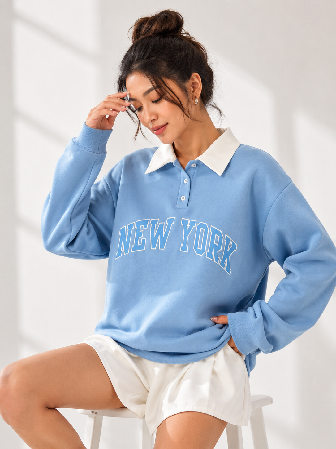 Women Collar Button Closure Printed Sweatshirt