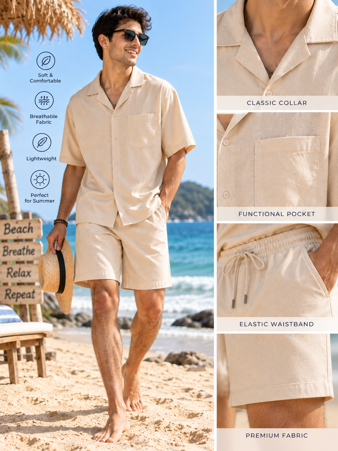 Men Beige Cotton Casual Co-Ord Set