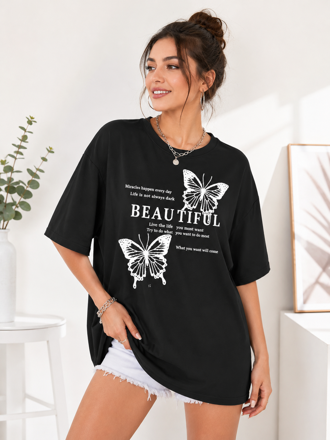 Women Black Printed Relaxed fit Cotton T-Shirt