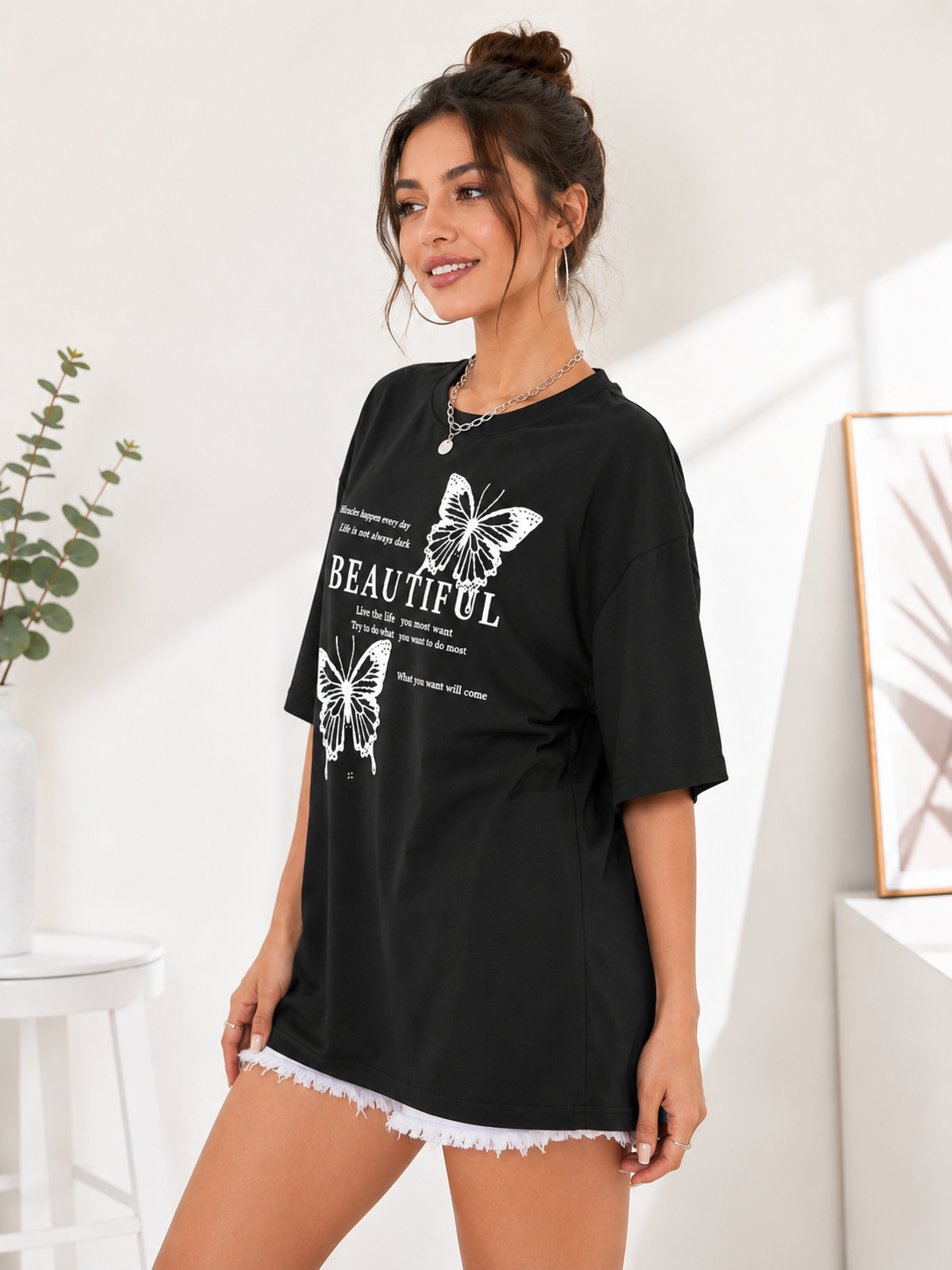 Women Black Printed Relaxed fit Cotton T-Shirt