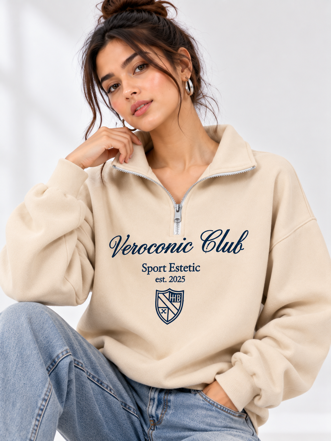 Women Collared Neck Zipper Printed Sweatshirt