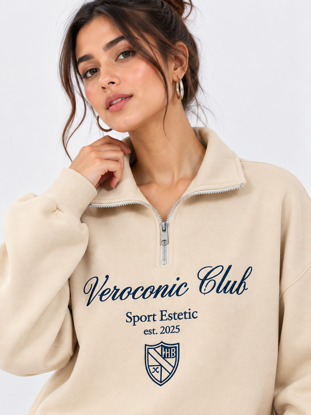 Women Collared Neck Zipper Printed Sweatshirt