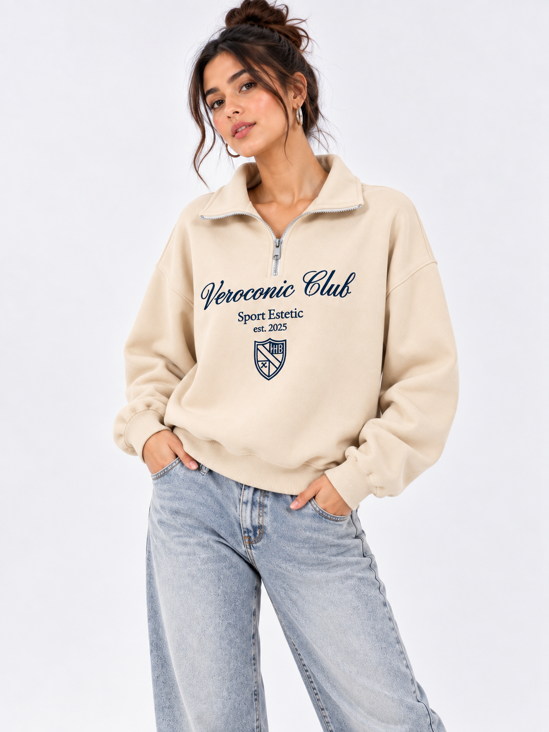 Women Collared Neck Zipper Printed Sweatshirt