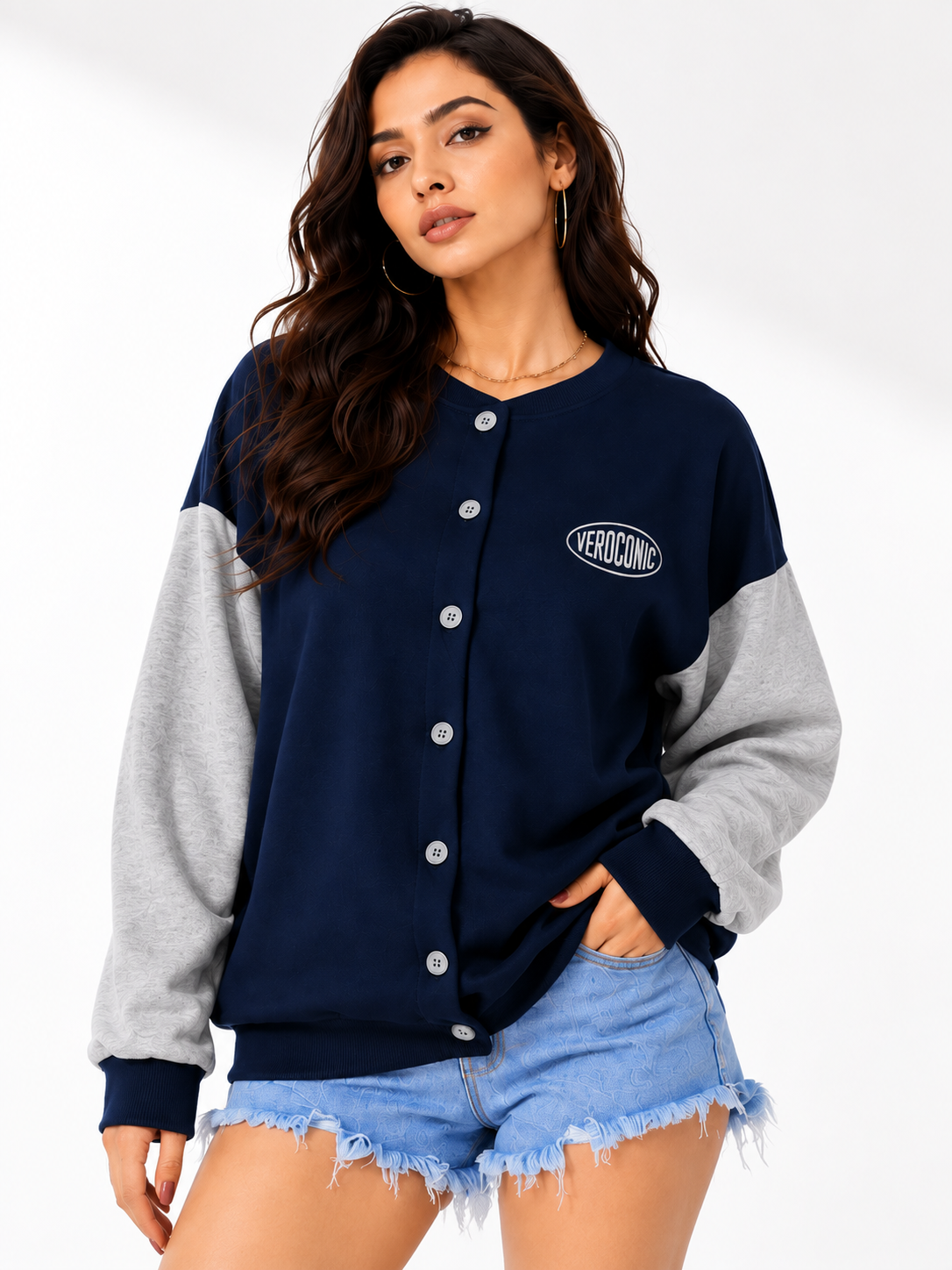 Women Button Closure Printed Sweatshirt