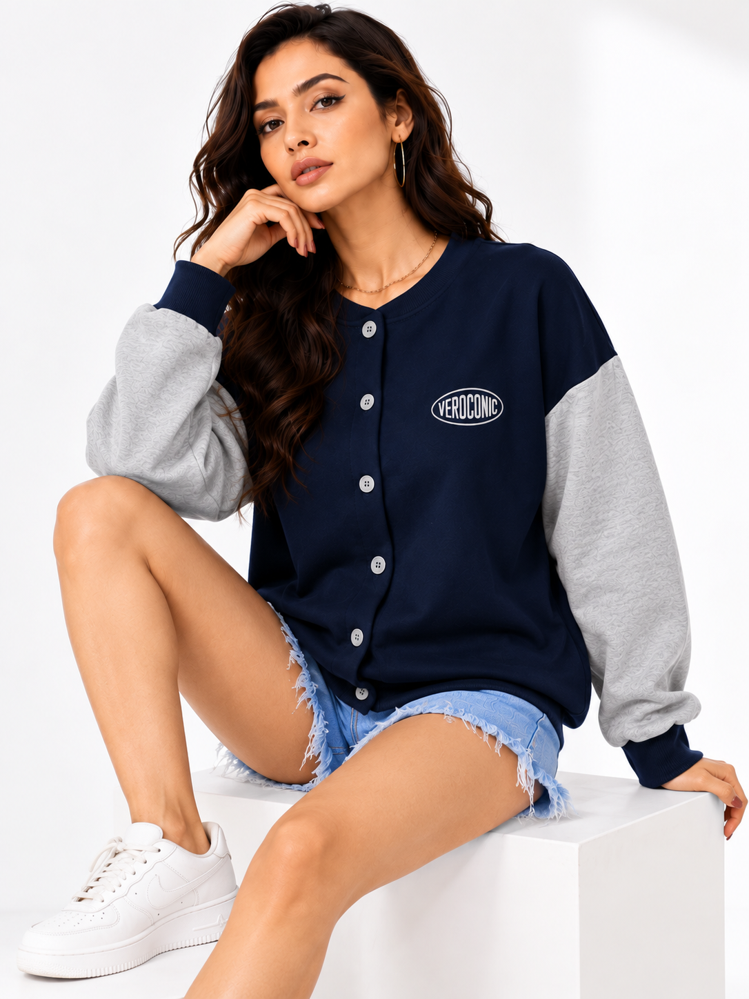 Women Button Closure Printed Sweatshirt