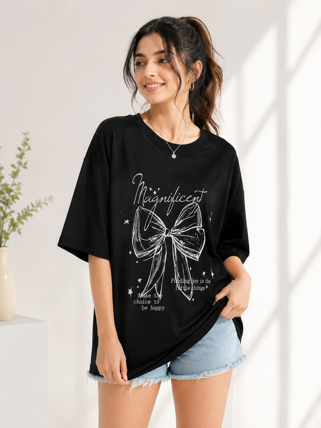 Women Black Relaxed fit Printed Cotton T-Shirt