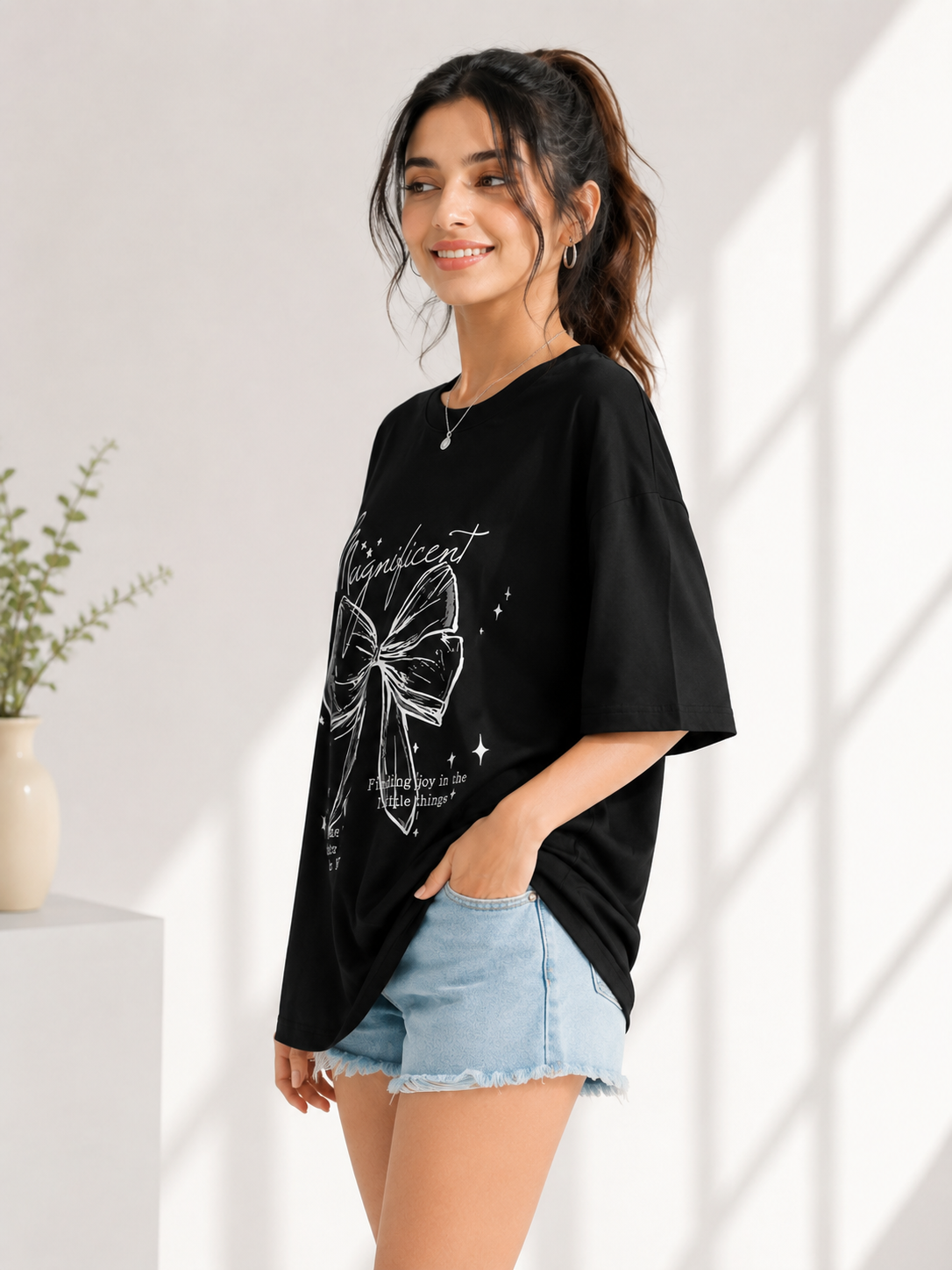 Women Black Relaxed fit Printed Cotton T-Shirt
