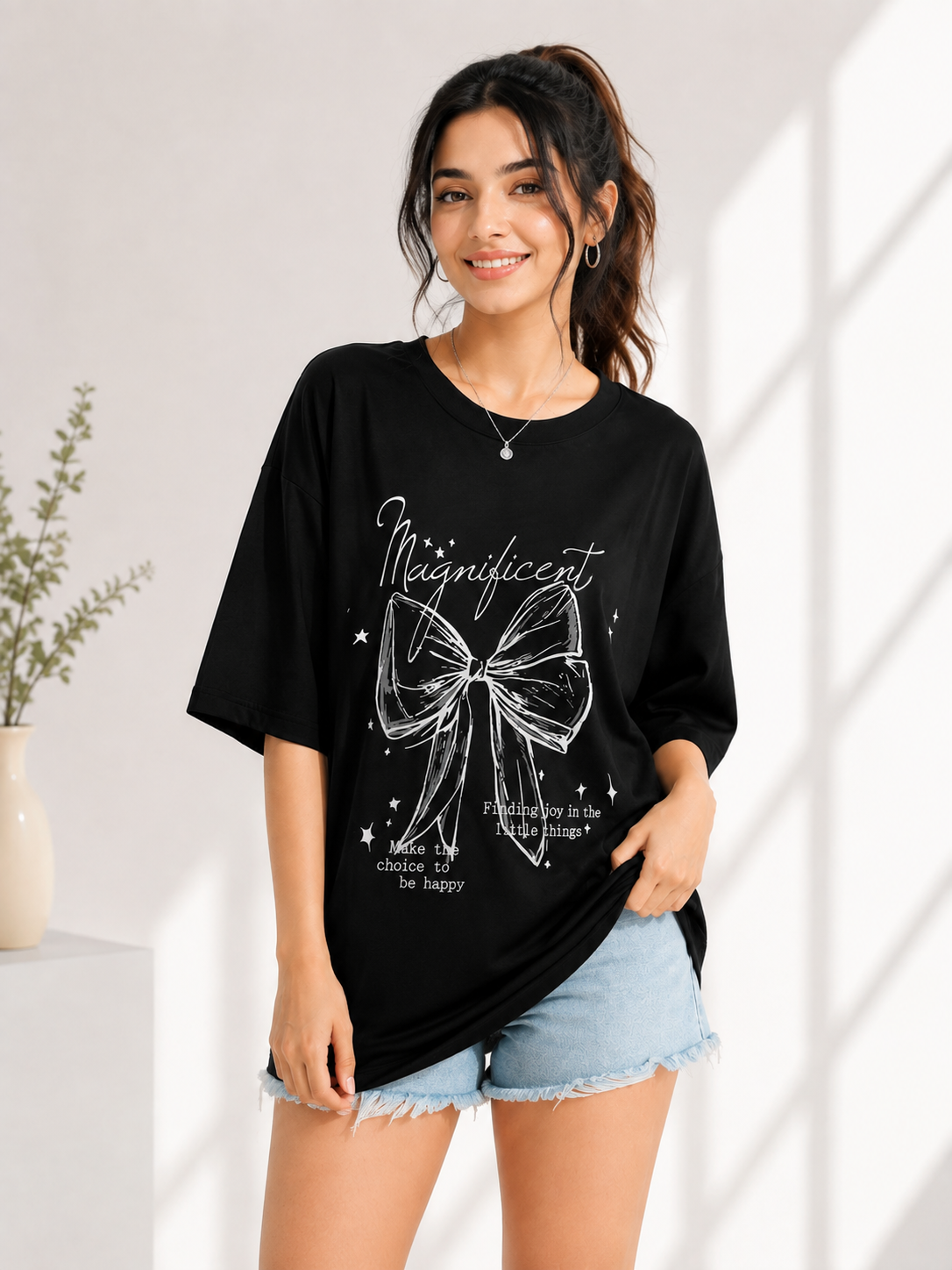 Women Black Relaxed fit Printed Cotton T-Shirt