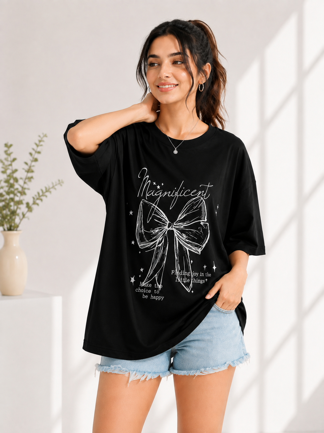 Women Black Relaxed fit Printed Cotton T-Shirt