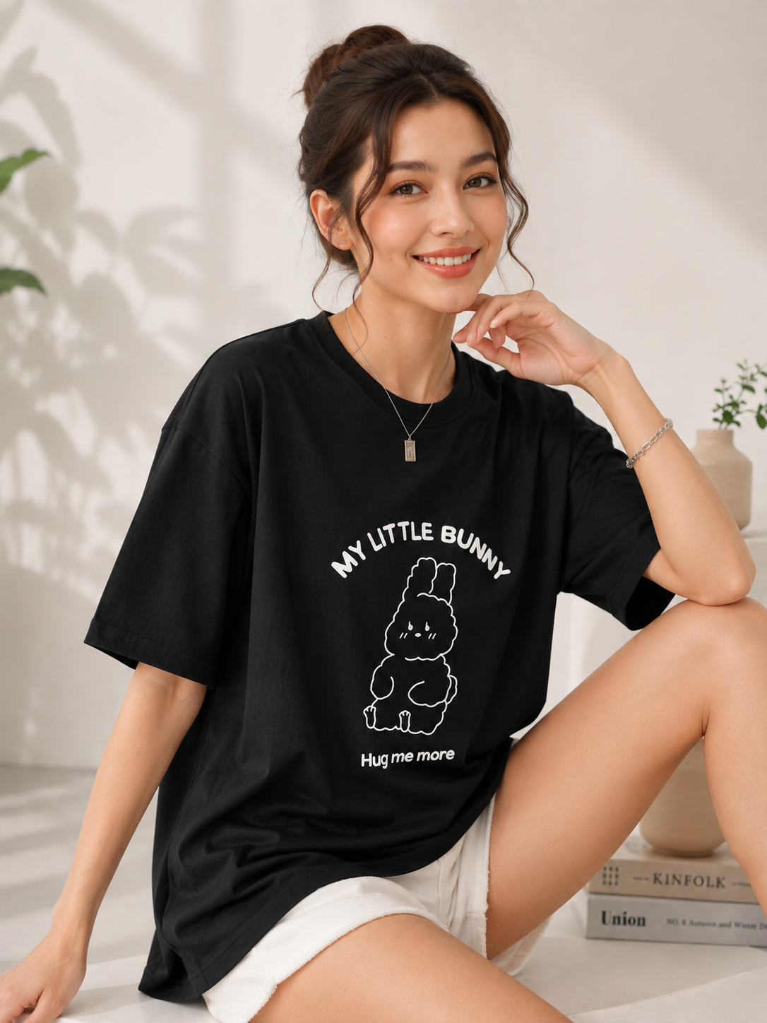 Women Black Relaxed fit Printed Cotton T-Shirt