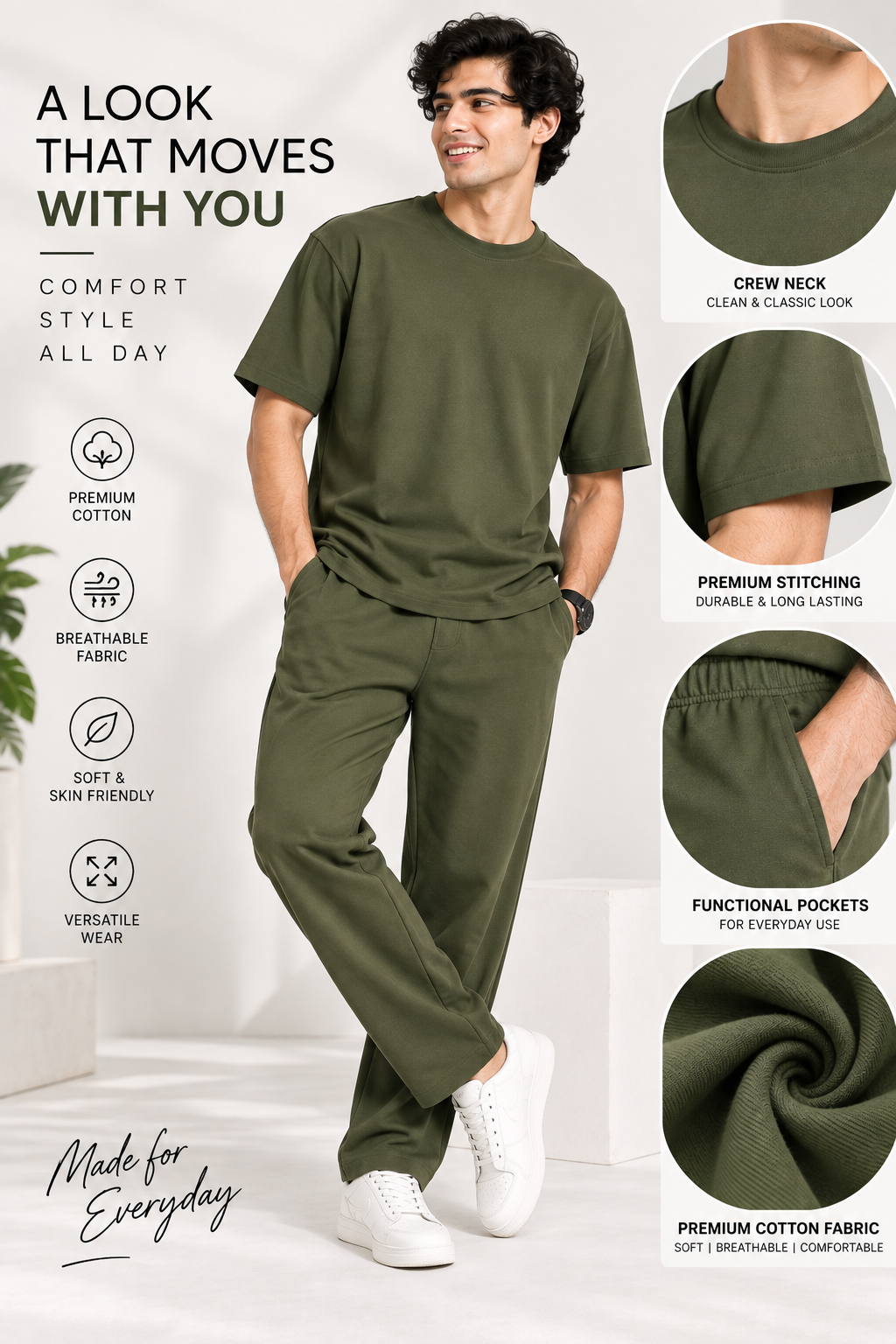 Men Olive Cotton Casual Co-Ord Set