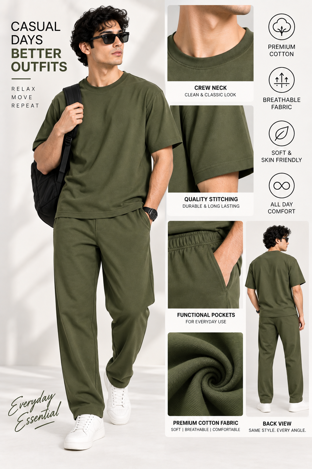 Men Olive Cotton Casual Co-Ord Set