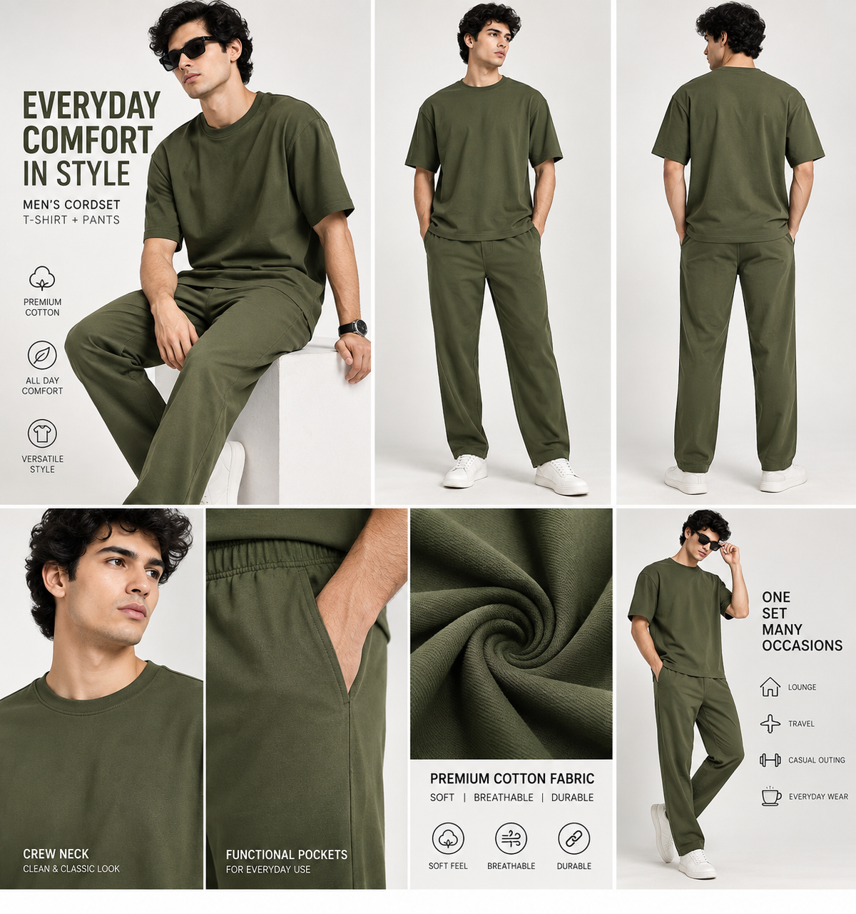 Men Olive Cotton Casual Co-Ord Set