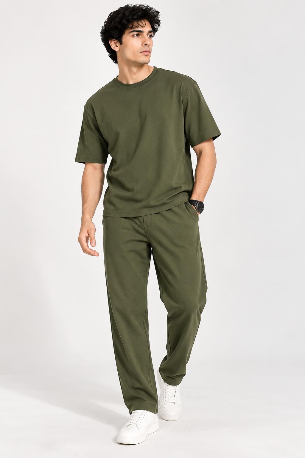 Men Olive Cotton Casual Co-Ord Set