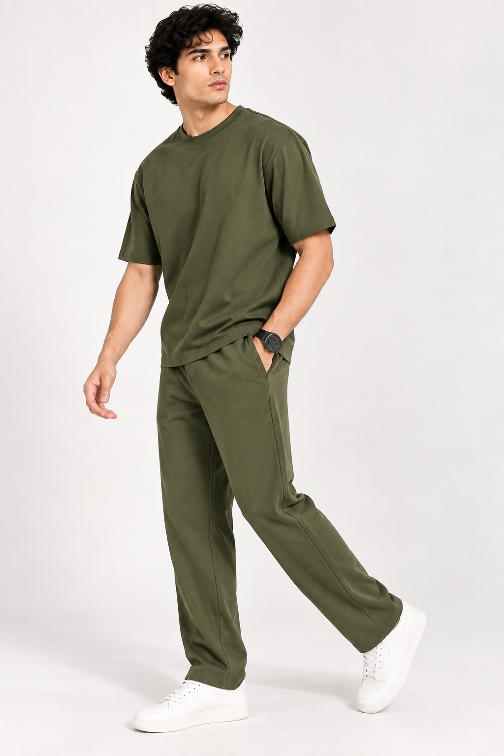 Men Olive Cotton Casual Co-Ord Set