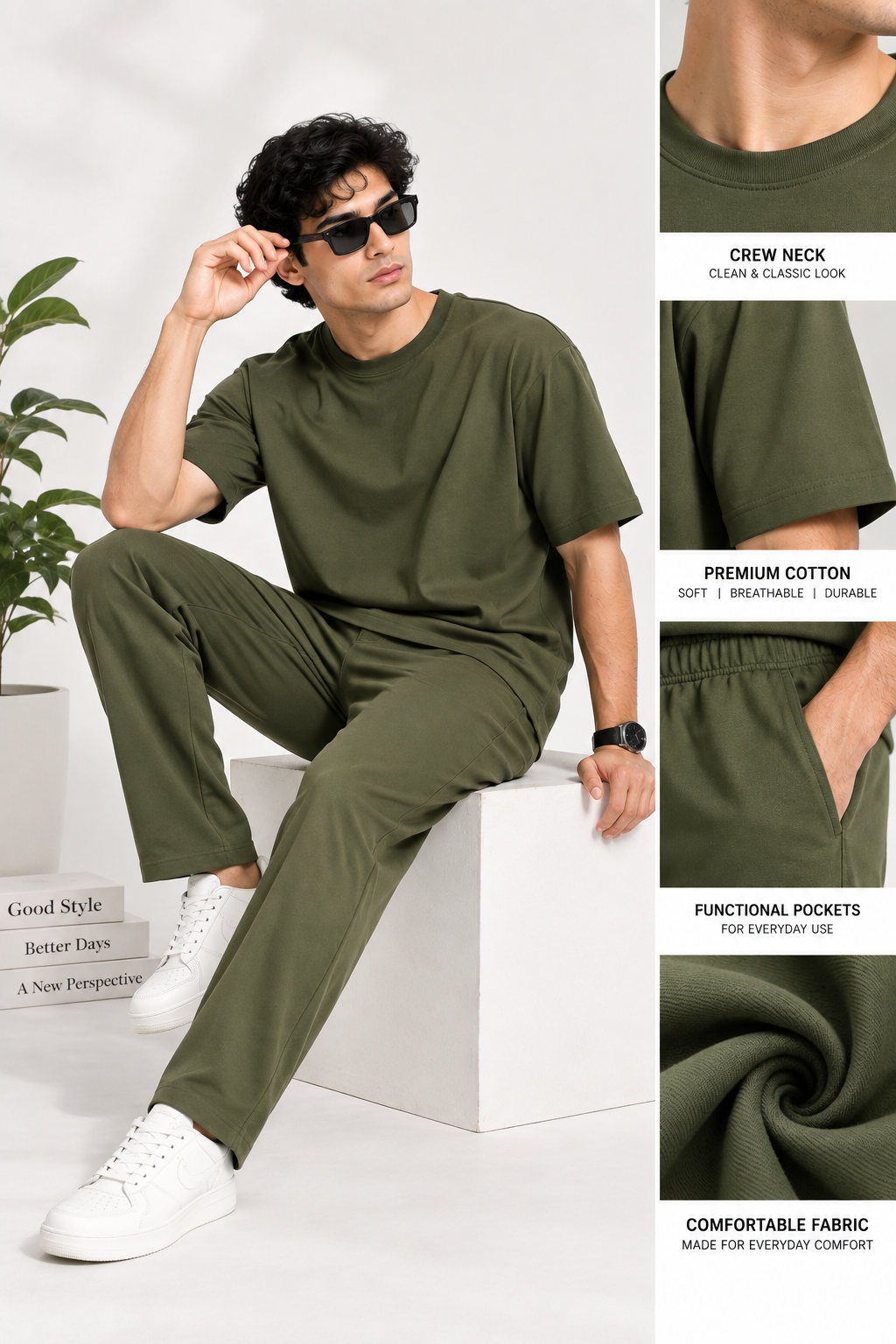 Men Olive Cotton Casual Co-Ord Set