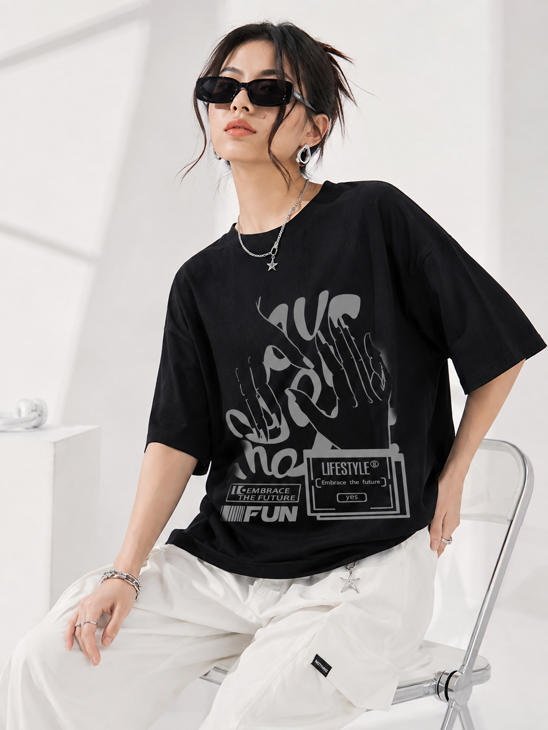 Women Black Printed Relaxed fit Cotton T-Shirt