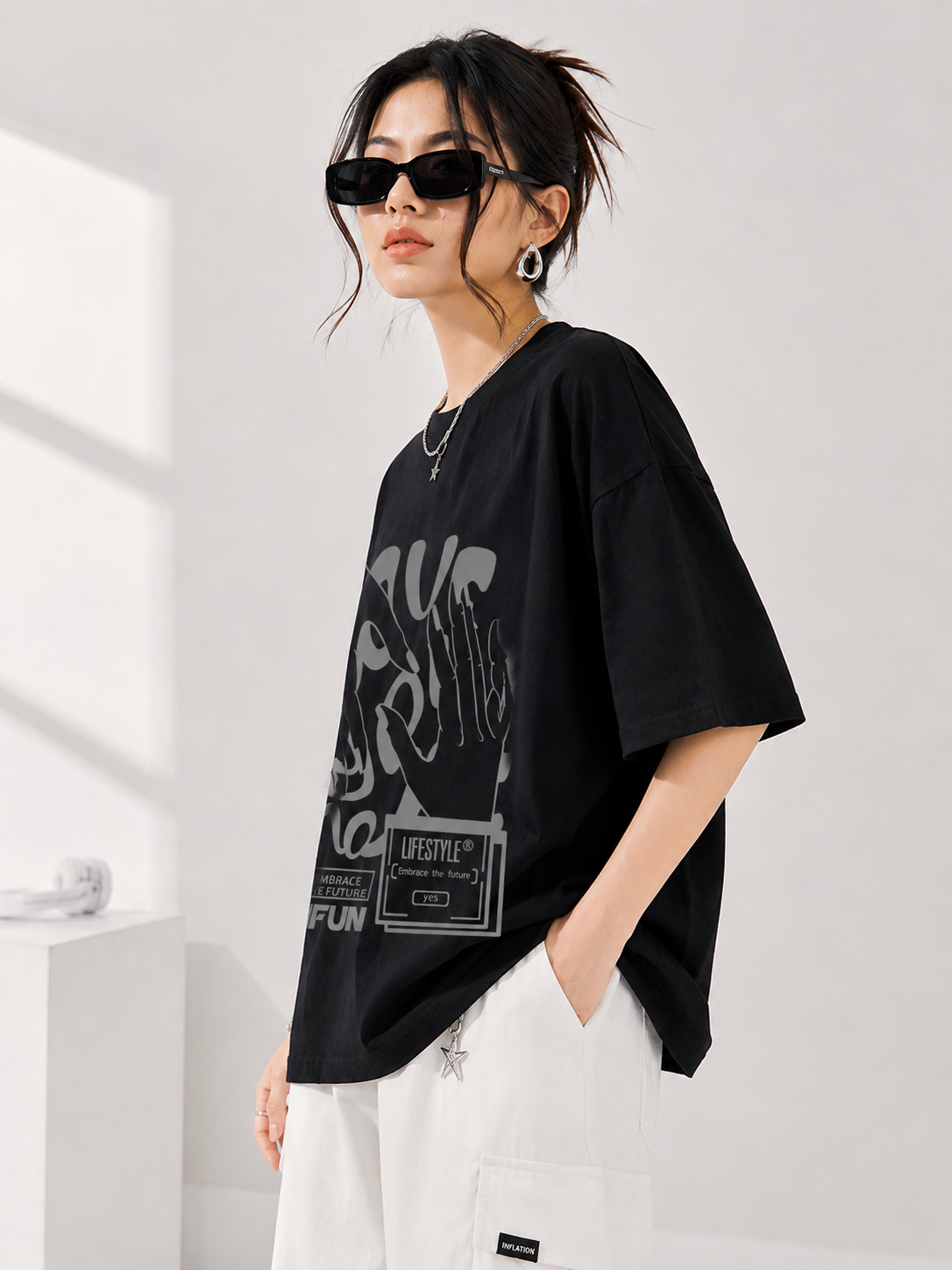 Women Black Printed Relaxed fit Cotton T-Shirt