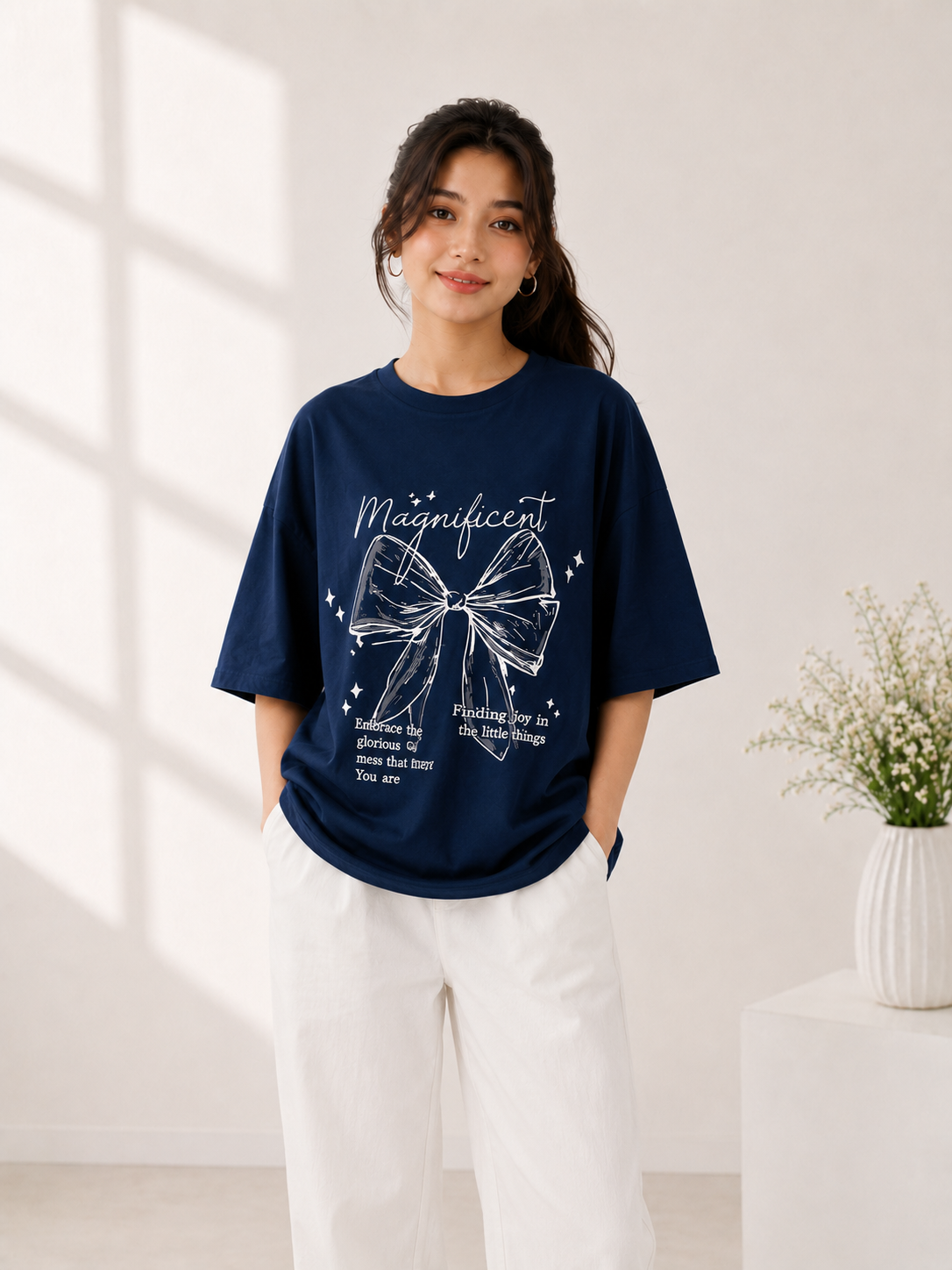 Women Navy Printed Relaxed fit Cotton T-Shirt