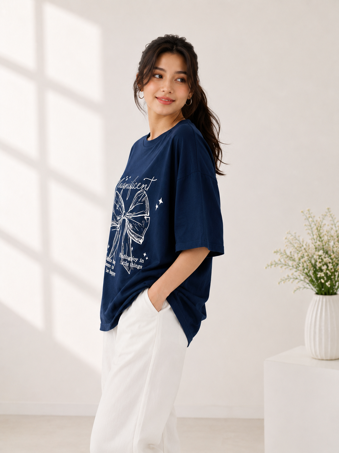 Women Navy Printed Relaxed fit Cotton T-Shirt