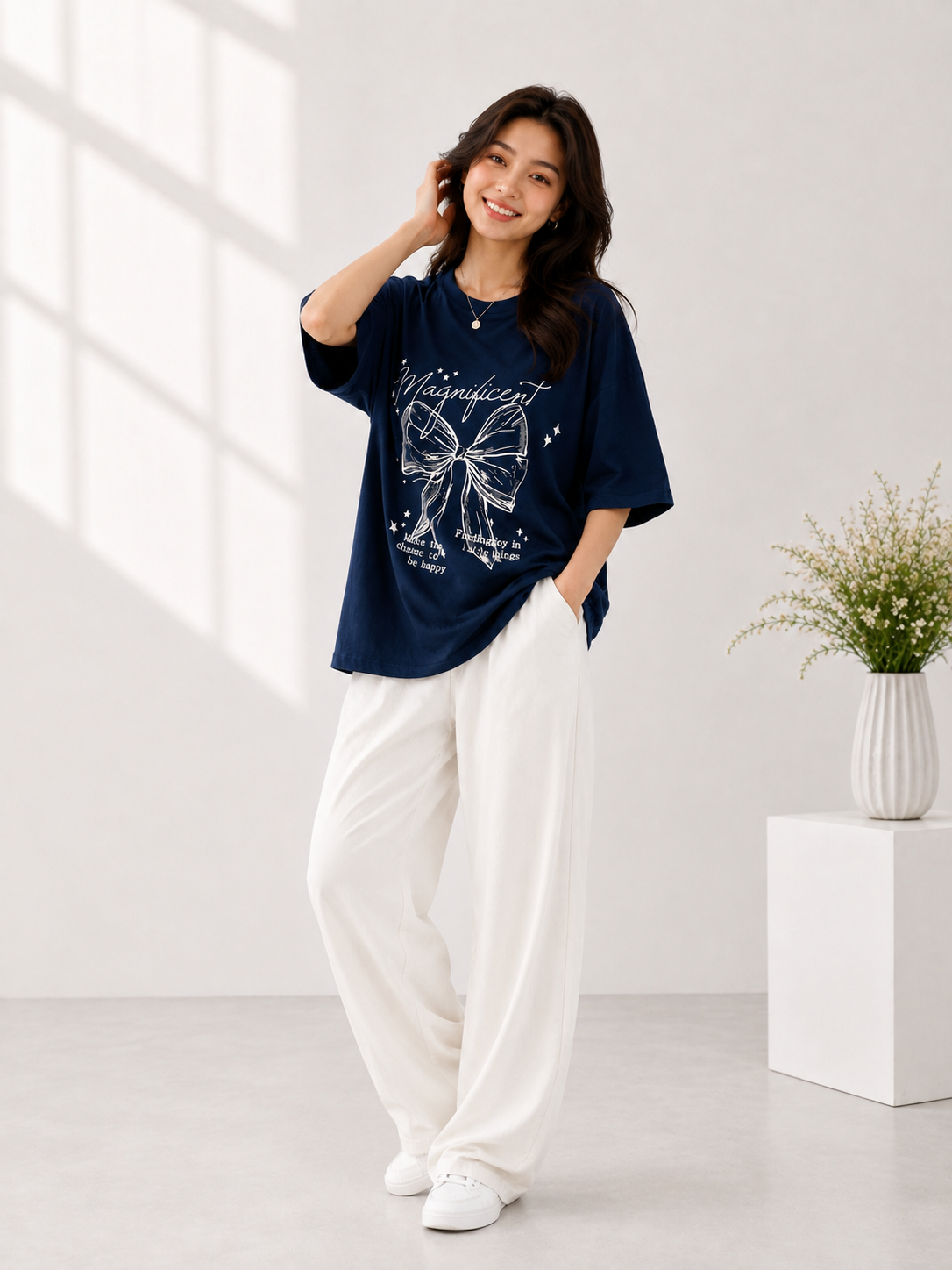 Women Navy Printed Relaxed fit Cotton T-Shirt
