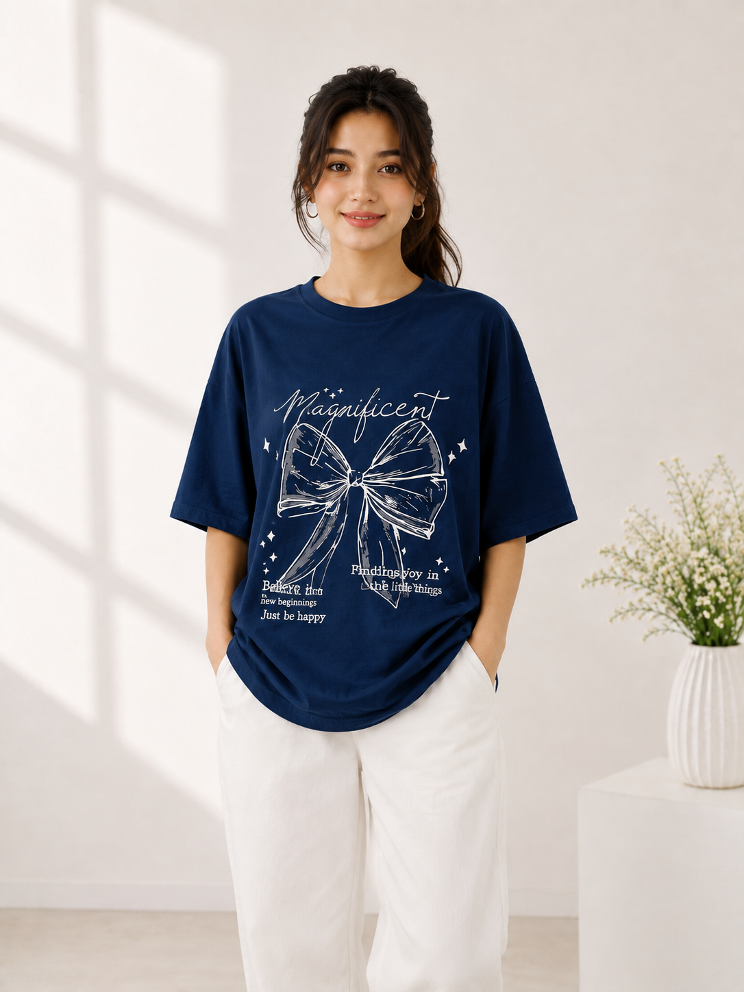 Women Navy Printed Relaxed fit Cotton T-Shirt