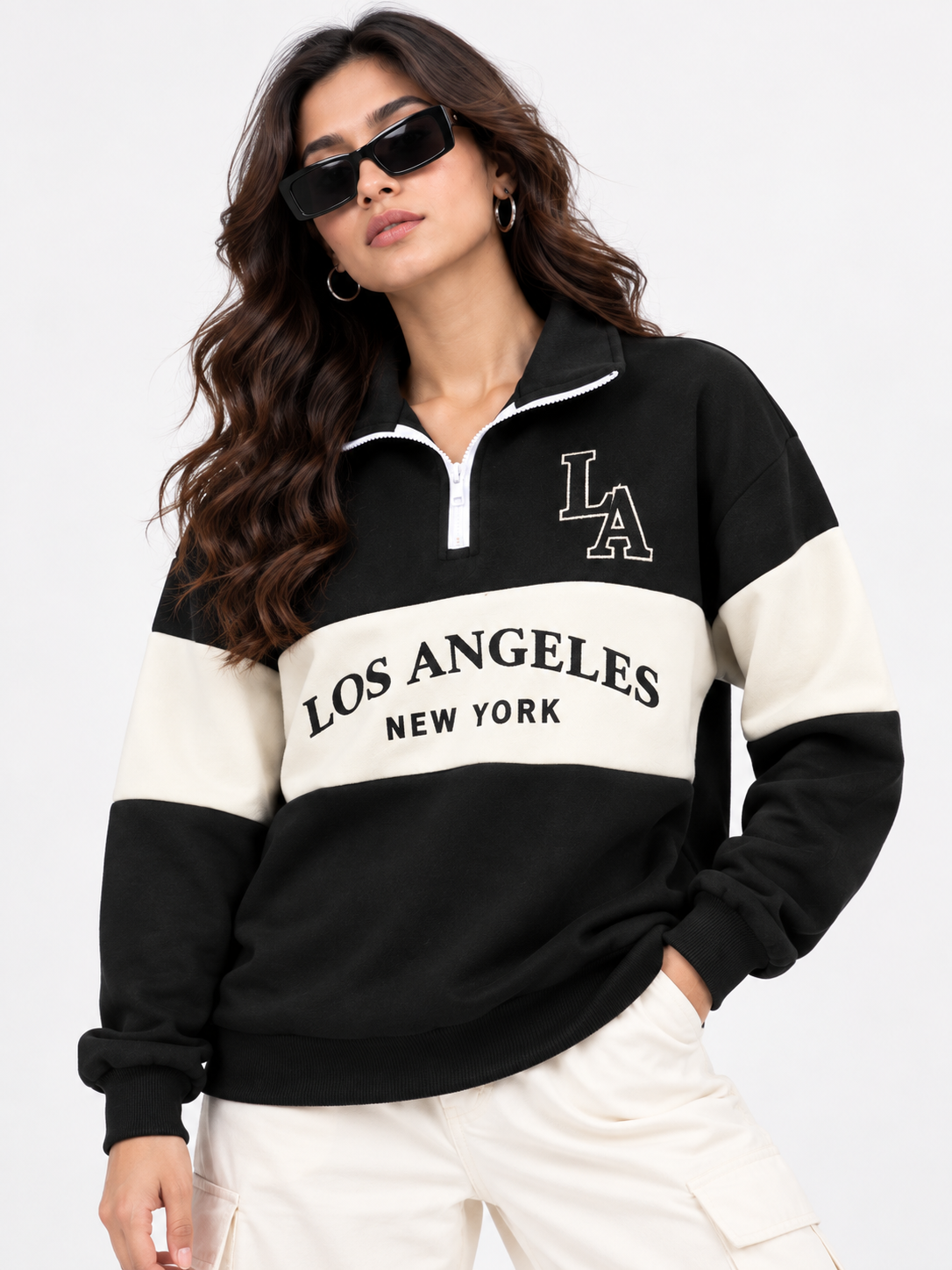 Women Collared Neck Zipper Printed Sweatshirt