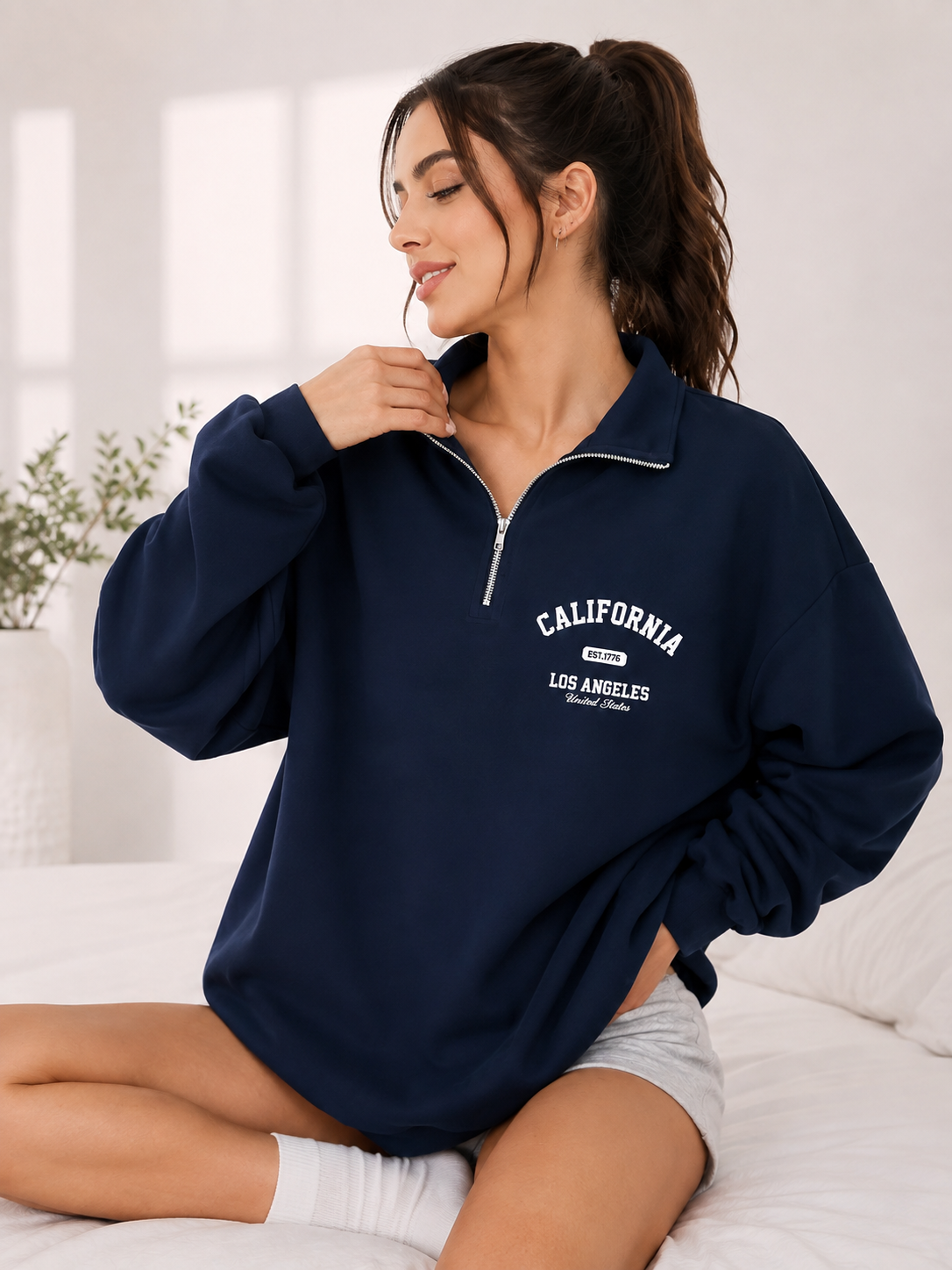 Women High Neck Zipper Printed Sweatshirt